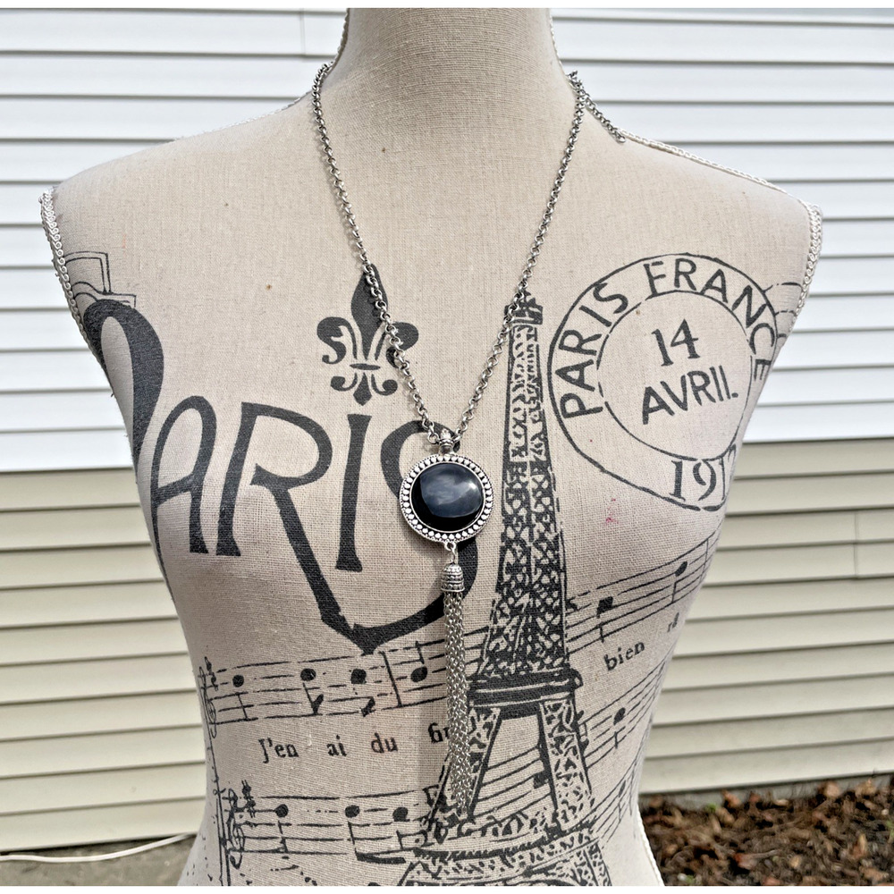 Vintage Silver Tone Medallion Pendant Necklace Black Cabochon Tassel 29"